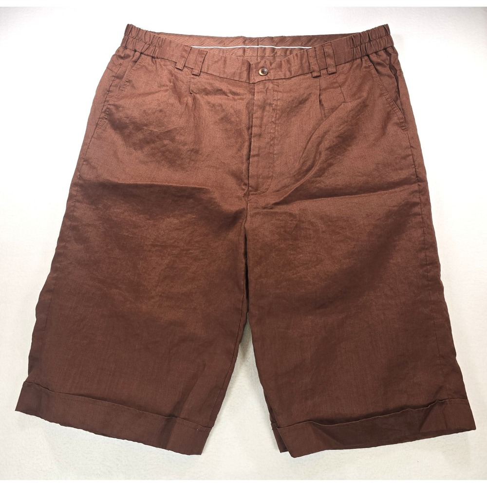 Mojito Collection Brown 100% Linen Pleated Shorts Elastic Waist Mens 40/14.5